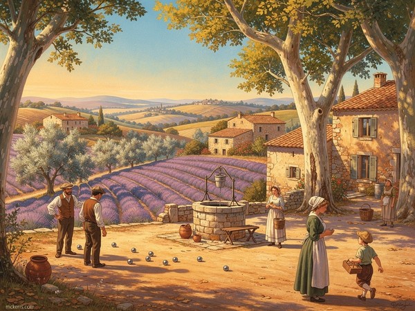 Vie de village caractéristique avec son puits, ses maisons, ses champs de lavande, et la pétanque