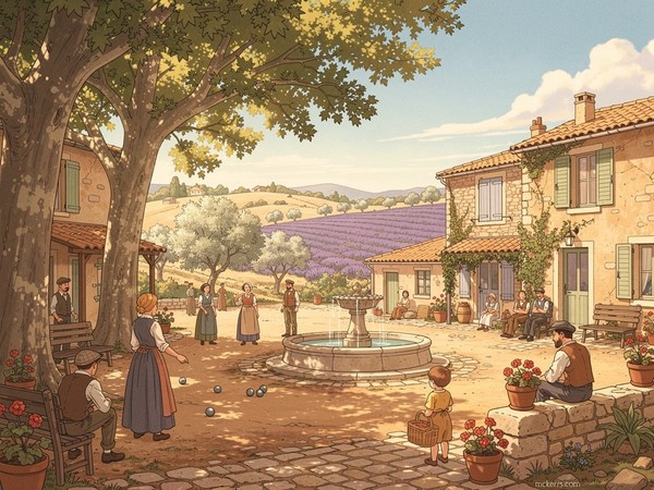 La fontaine au centre du village et ses habitants autour profitant des joies de la pétanque