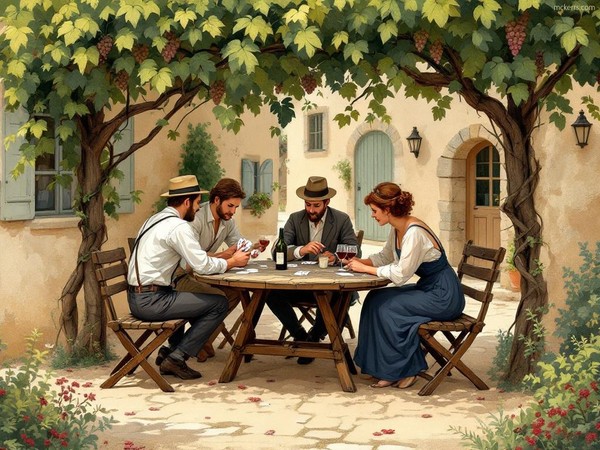 Partie de cartes à l'ombre d'une treille végétalisée